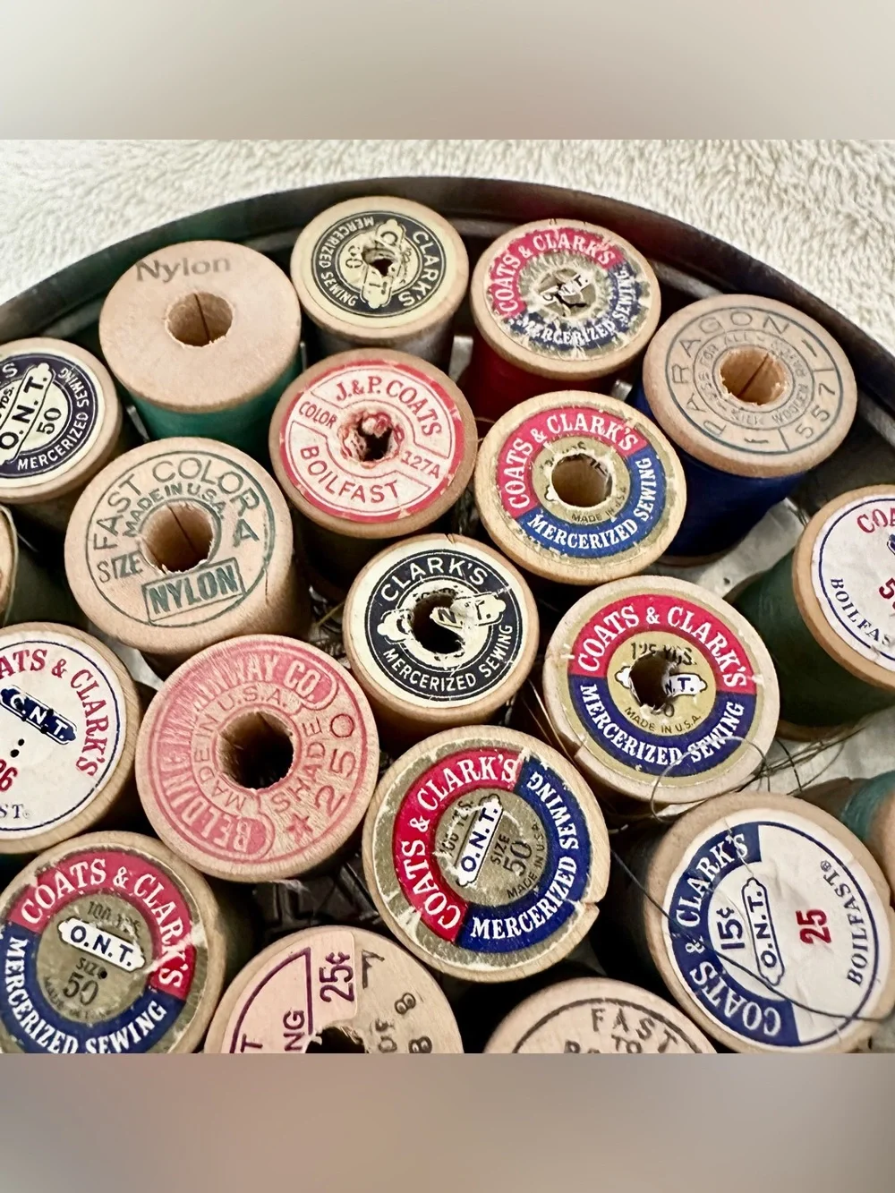 Vintage Rileys Toffee Tin Wooden Sewing Thread Spools Lot Halifax England Ship⁠